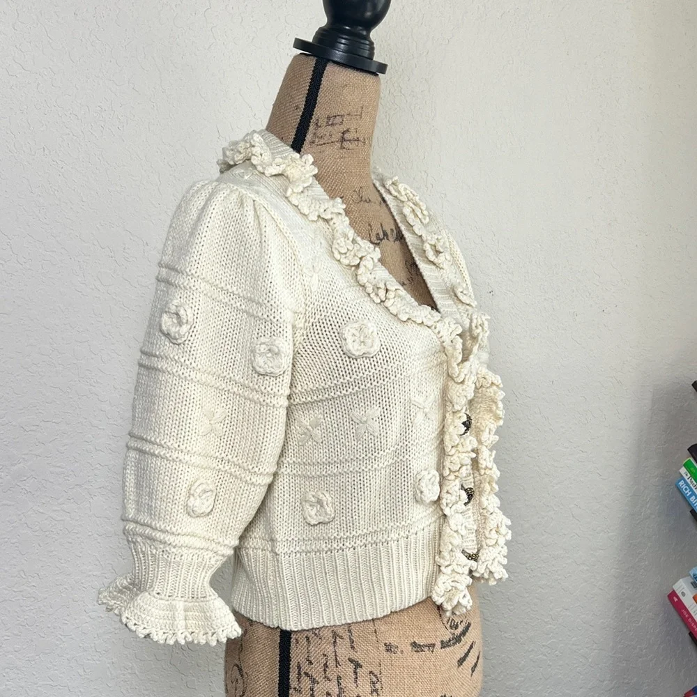 Zara Cream Textured Ruffle-Trim Button Cardigan - Picture 6 of 10